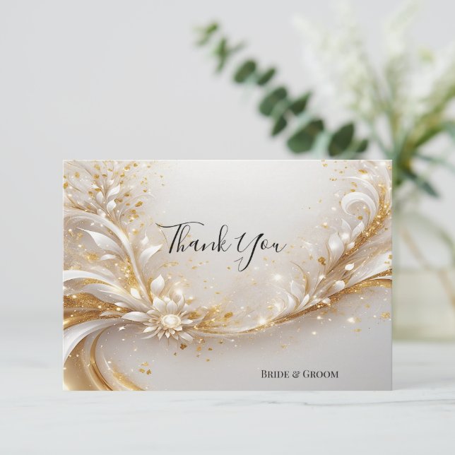 White Gold Floral Thank You Card (Standing Front)