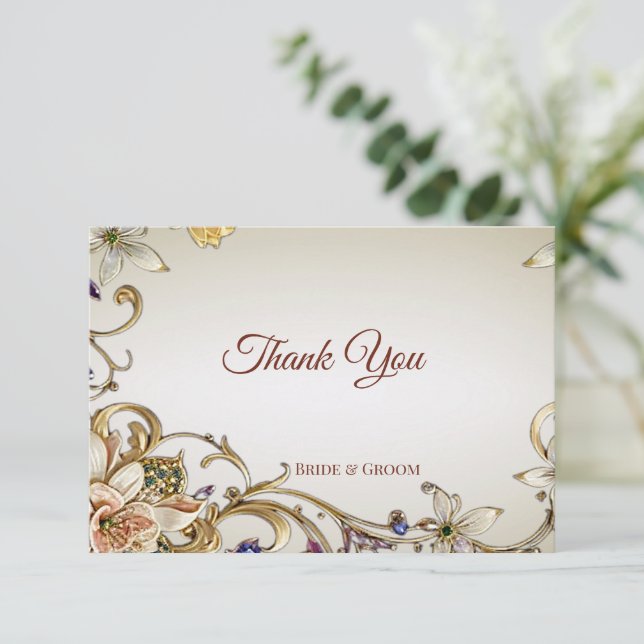 White Gold Floral Thank You Card (Standing Front)