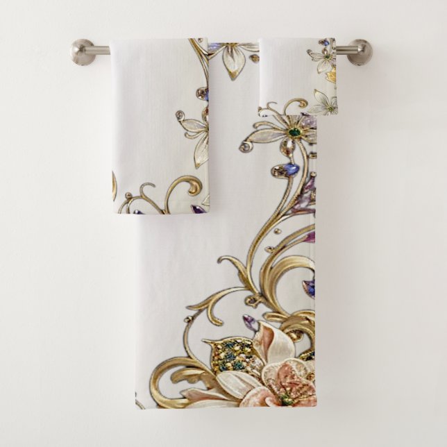 White Gold Floral Towel Set (Insitu)