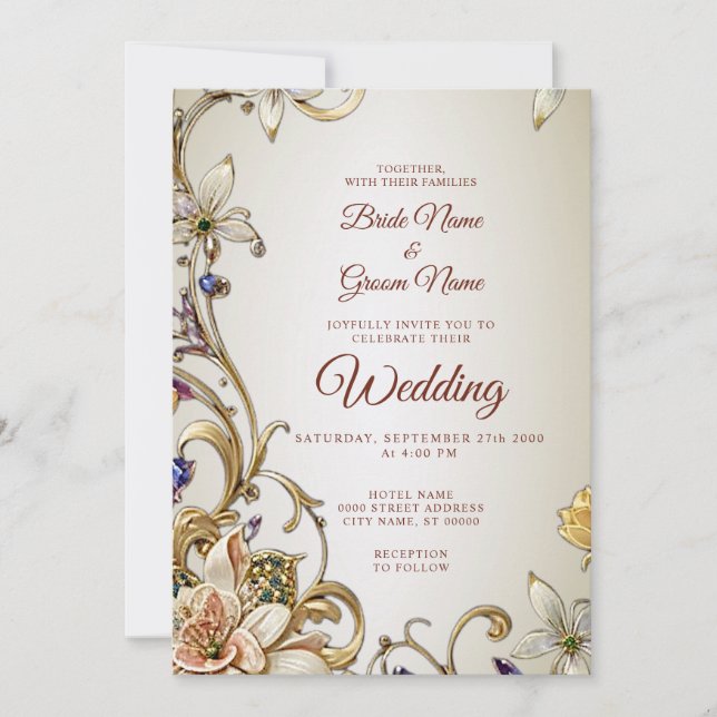 White Gold Floral Wedding Invitation (Front)