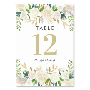 White & Gold Floral Wedding table cards