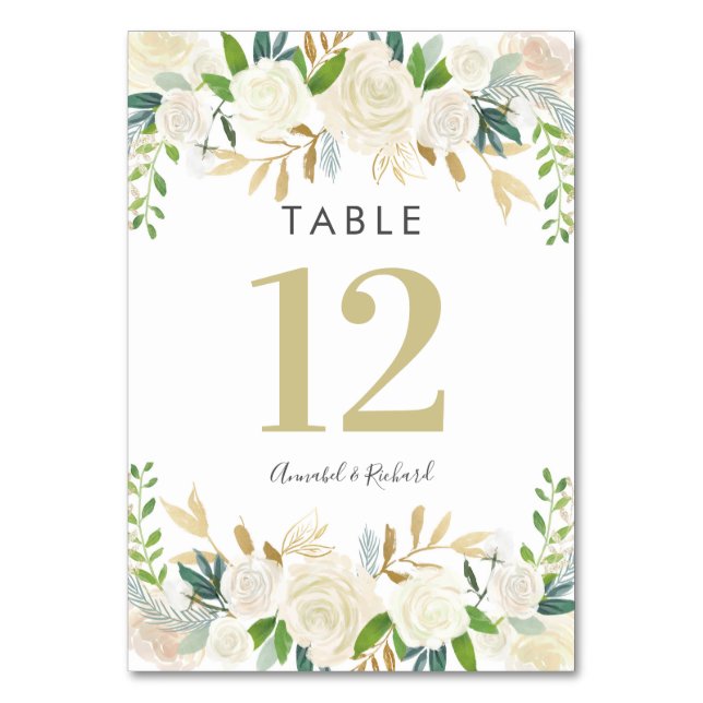 White & Gold Floral Wedding table cards (Front)