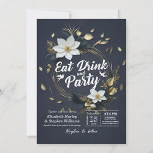 White Gold Floral Wreath EAT Drink & Party Wedding Invitation