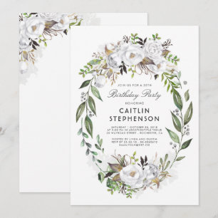 White Gold Floral Wreath Elegant Birthday Party Invitation
