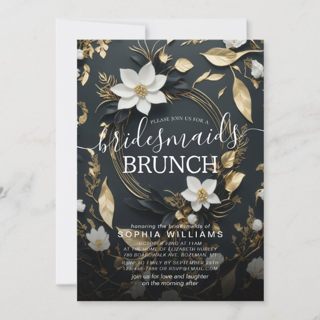 White Gold Floral Wreath Wedding Bridesmaid Brunch Invitation (Front)