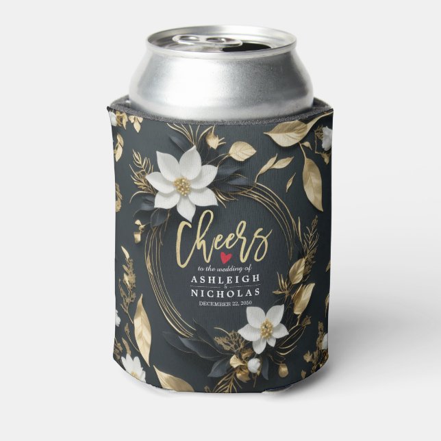 White Gold Floral Wreath Wedding Cheers to Love Can Cooler (Can Back)
