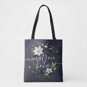 White & Gold Floral Wreath Wedding Matron of Honou Tote Bag
