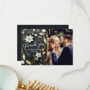White Gold Floral Wreath Wedding Photo Thank You Card