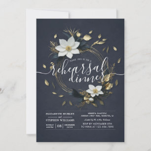 White Gold Floral Wreath Wedding Rehearsal Dinner Invitation