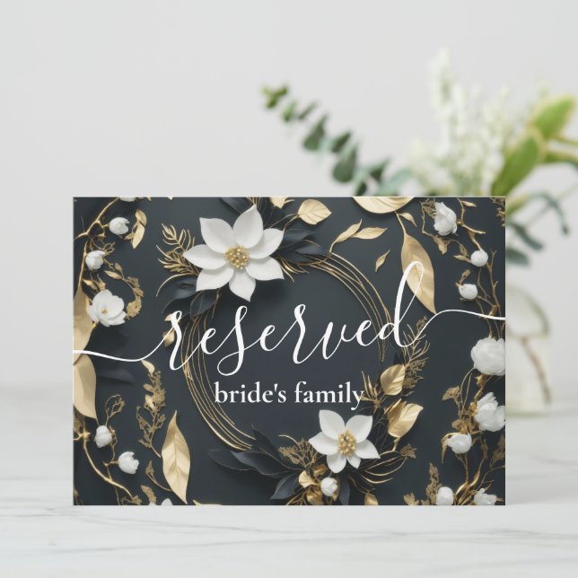 White Gold Floral Wreath Wedding Reserved Sign (Standing Front)