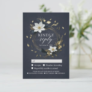 White Gold Floral Wreath Wedding RSVP Kindly Reply Card