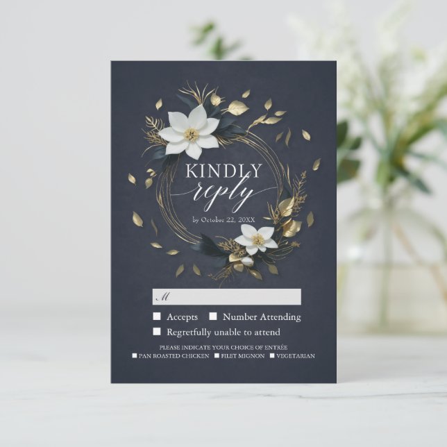 White Gold Floral Wreath Wedding RSVP Kindly Reply Card (Standing Front)