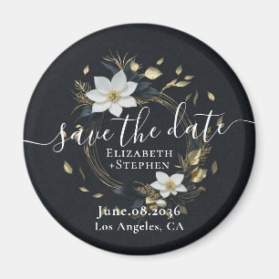 White Gold Floral Wreath Wedding Save The Date Magnet