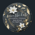 White Gold Floral Wreath Wedding Save The Date Magnet<br><div class="desc">Modern Vintage Elegant Wedding Save The Date Magnet Template - Elegant Black White and Gold Floral Wreath.
These Designs Can Be Personalised For Your Special Occasion And Would Be Perfect For Your Wedding,  Bridal Shower,  Engagement Party,  Birthday Party And Many More Special Occasions.</div>
