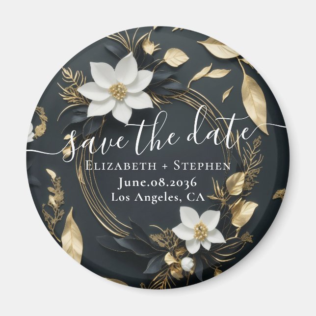 White Gold Floral Wreath Wedding Save The Date Magnet (Front)