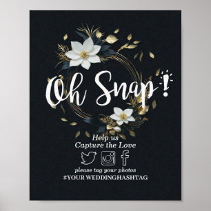 White Gold Floral Wreath Wedding Snap Hashtag Sign