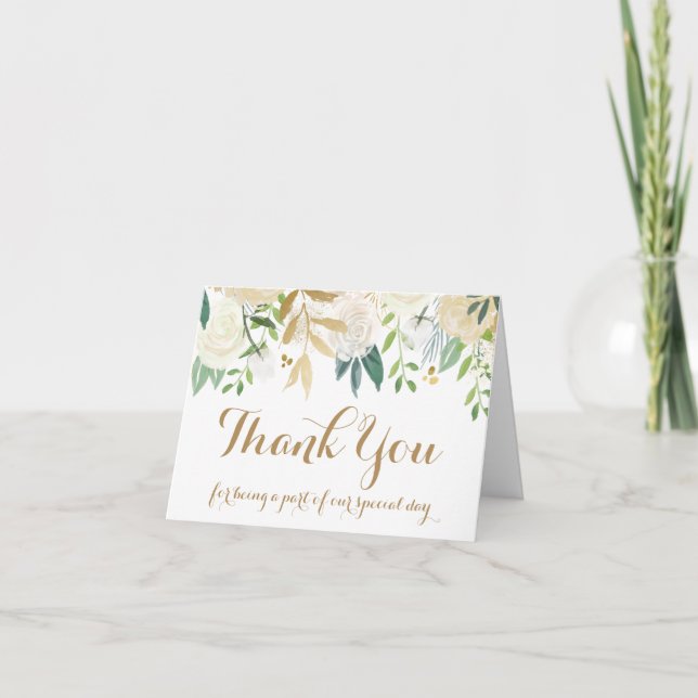 White Gold Flower Wedding Party Thank You Card (Front)