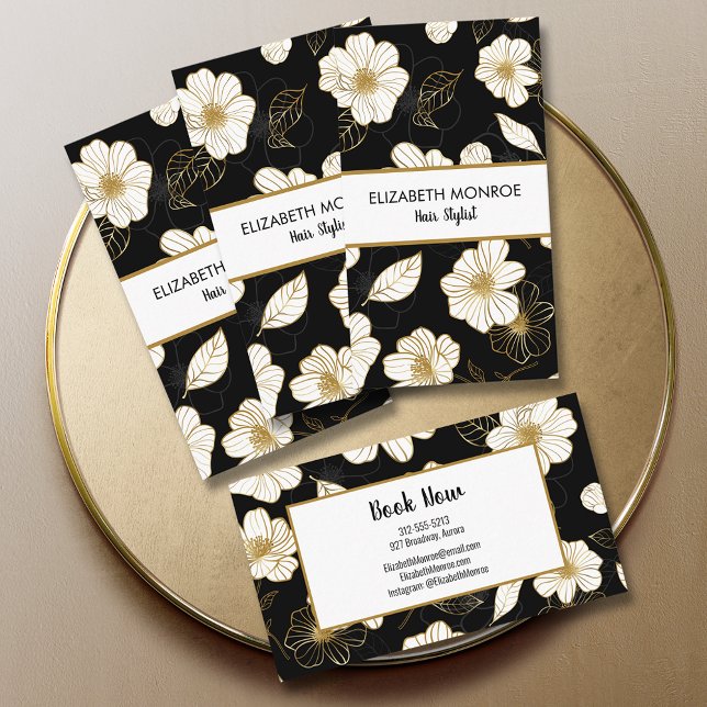 White Gold Flowers Black Salon Hair Stylist Business Card (Creator Uploaded)