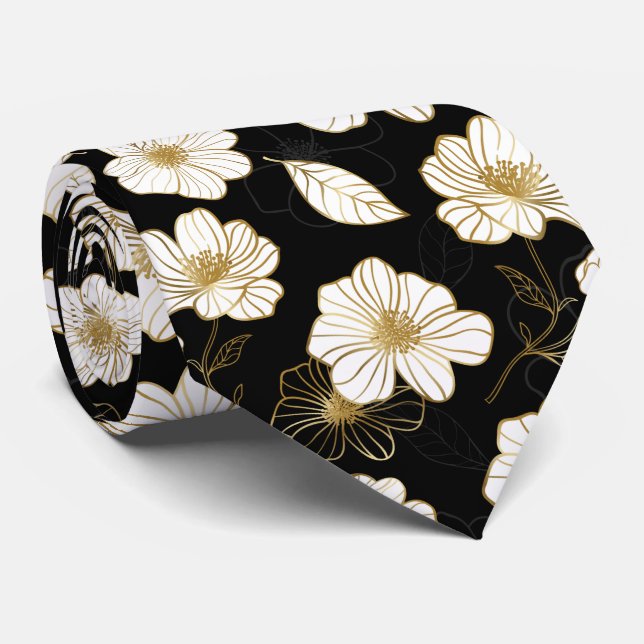 White Gold Flowers Black Tie (Rolled)