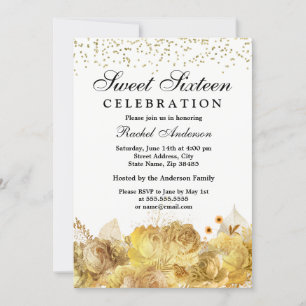 White & Gold Flowers Glitter Sweet 16 Invite
