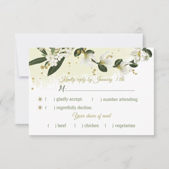 white & gold flowers green leaves meal choice RSVP card (Front)