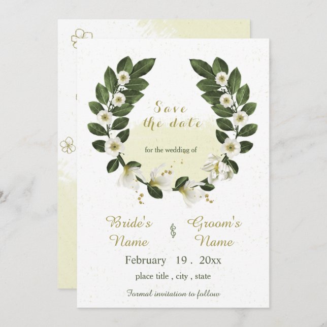 white & gold flowers greenery wreath save the date invitation (Front/Back)