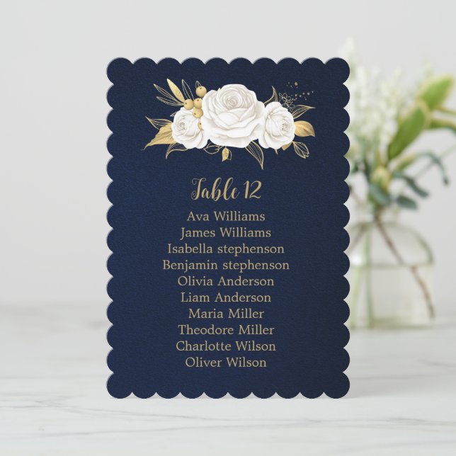 white gold flowers navy blue seating chart card (Standing Front)