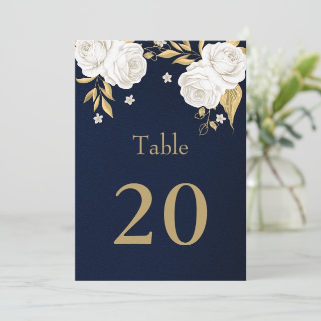 white gold flowers navy blue table number (Standing Front)
