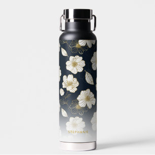 White Gold Flowers, Personalised Name Monogram Water Bottle