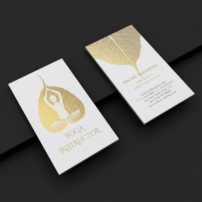 White & Gold Foil Bodhi Leaf Yoga Meditation Pose Business Card (Creator Uploaded)
