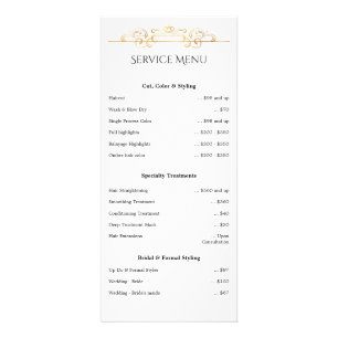 White Gold Foil Classic Swirls Service Price List Rack Card