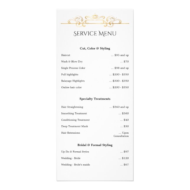 White Gold Foil Classic Swirls Service Price List Rack Card (Front)