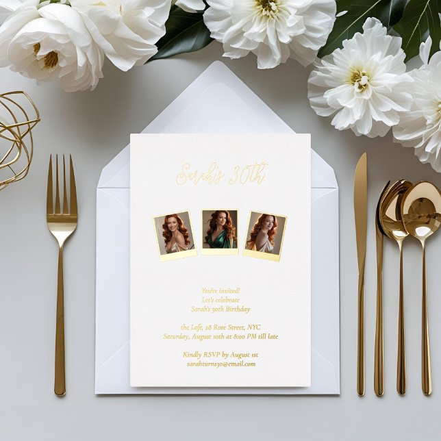 White & Gold Foil Photo 30th Birthday Invitation (Creator Uploaded)