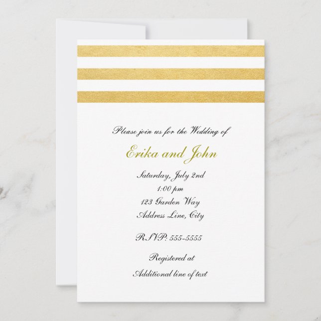 White & Gold Foil Striped Chic Wedding Invitation (Front)