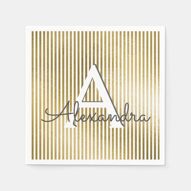 White & Gold Foil Striped Monogram Birthday Napkin (Front)