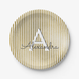 White & Gold Foil Striped Monogram Birthday Paper Plate