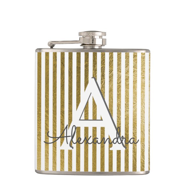 White & Gold Foil Striped Monogram & Initial Hip Flask (Front)