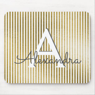 White & Gold Foil Striped Monogram & Initial Mouse Pad