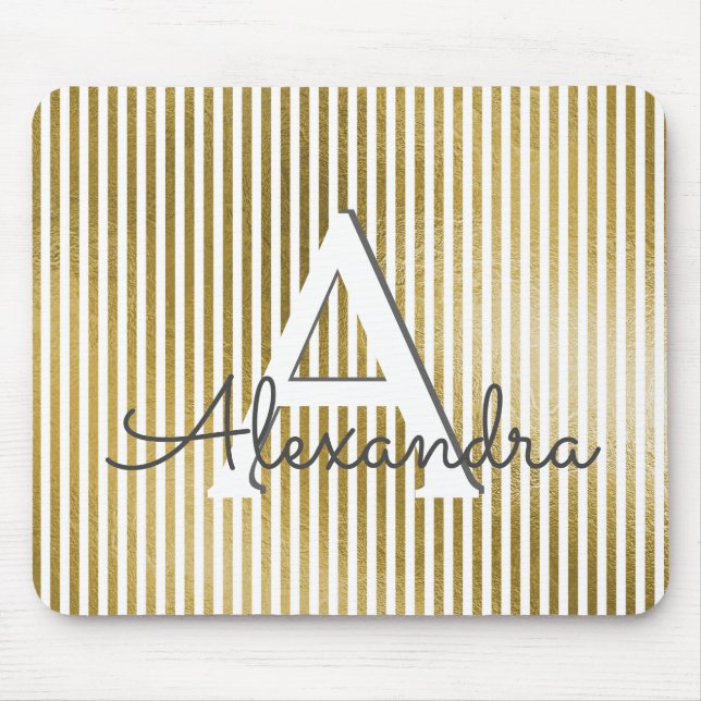 White & Gold Foil Striped Monogram & Initial Mouse Pad (Front)