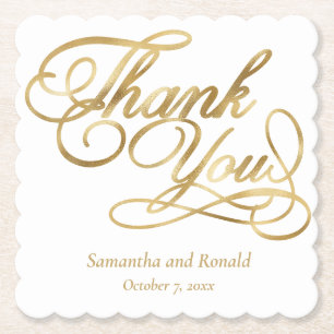 White & Gold Foil Thank You Calligraphy Wedding Paper Coaster
