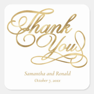 White & Gold Foil Thank You Calligraphy Wedding Square Sticker