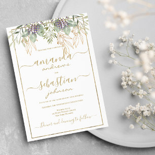 White gold foliage floral calligraphy wedding invitation