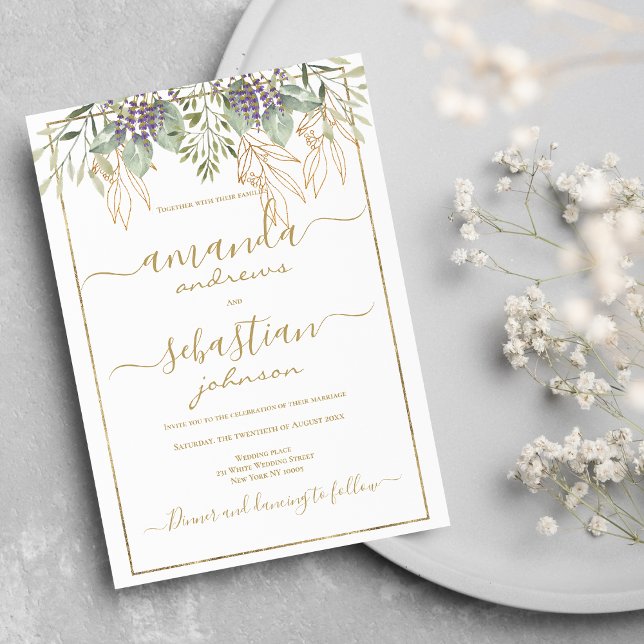 White gold foliage floral calligraphy wedding  invitation (White gold foliage floral calligraphy wedding )