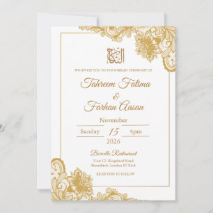 White Gold Frame Lace Nikah Islamic Muslim Wedding Invitation