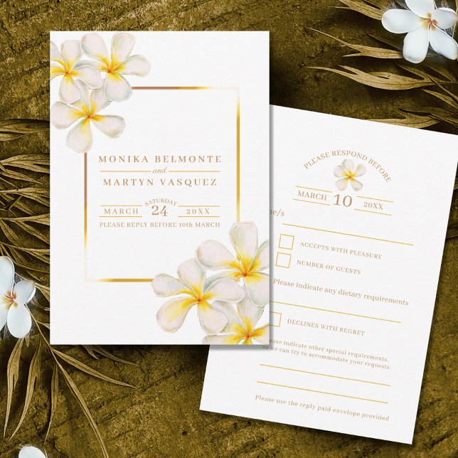 White gold Frangipani flowers wedding RSVP Card (Creator Uploaded)