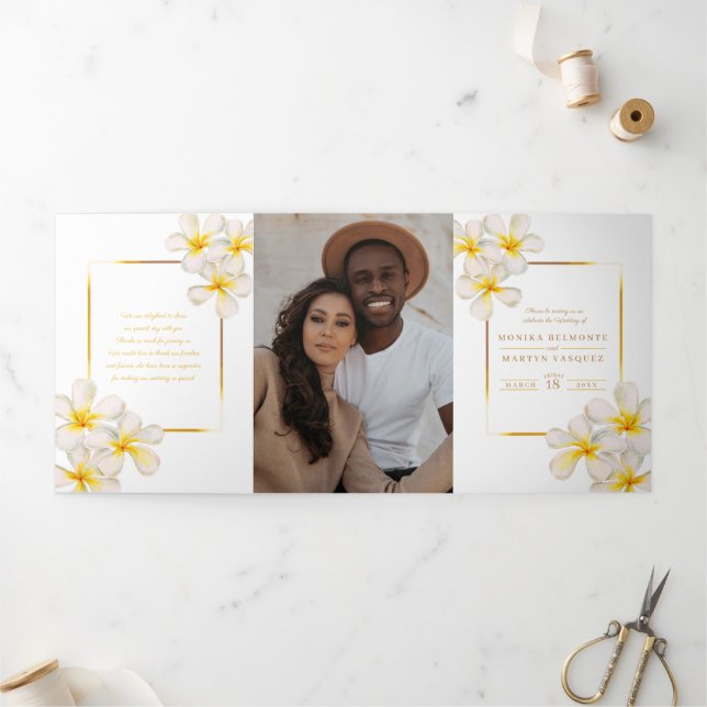 White gold Frangipani flowers wedding Tri-Fold Programme (Outside)