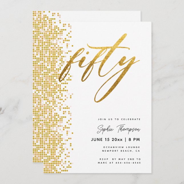 White Gold Geometric Glitter Elegant 50th Birthday Invitation (Front/Back)