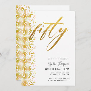 White Gold Geometric Glitter Elegant 50th Birthday Invitation