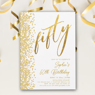 White Gold Geometric Glitter Modern 50th Birthday Invitation