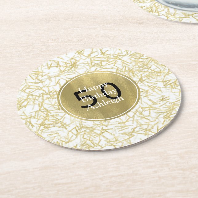 White Gold Glam Confetti 50th Birthday Round Paper Coaster (Angled)